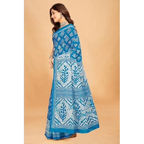 Tamaira Fashion Women's Batik Printed Pure Cotton Mulmul Saree Without Blouse Piece(2480_Turquoise)