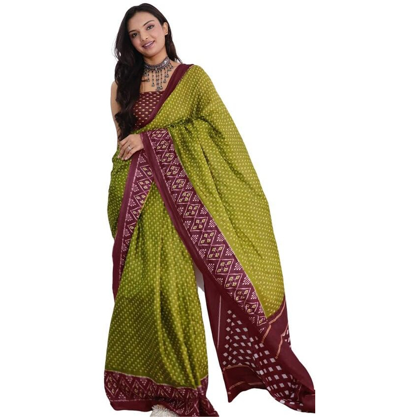 Satrani Women's Cotton Ikat Printed Saree With Unstitched Blouse Piece (3322S258N_Green & Maroon)