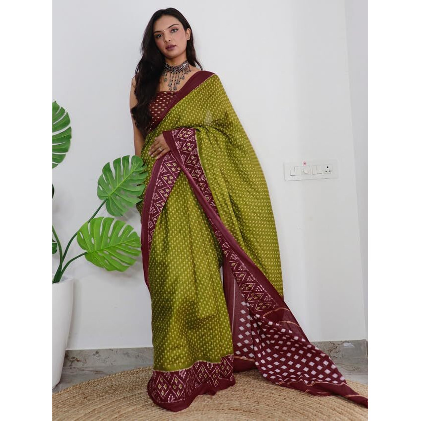 Satrani Women's Cotton Ikat Printed Saree With Unstitched Blouse Piece (3322S258N_Green & Maroon)