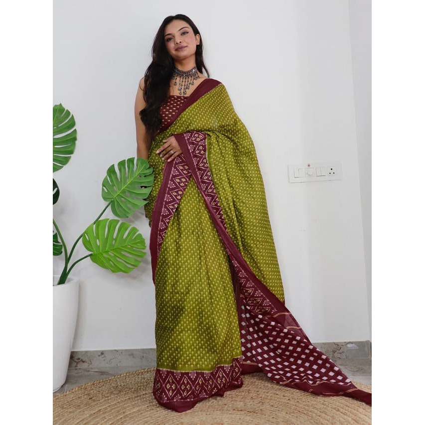 Satrani Women's Cotton Ikat Printed Saree With Unstitched Blouse Piece (3322S258N_Green & Maroon)