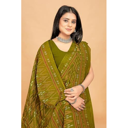 Tamaira Fashion Women's Handloom Ikkat Printed Pure Cotton Mulmul Saree Without Blouse Piece(11541_Mehendi)