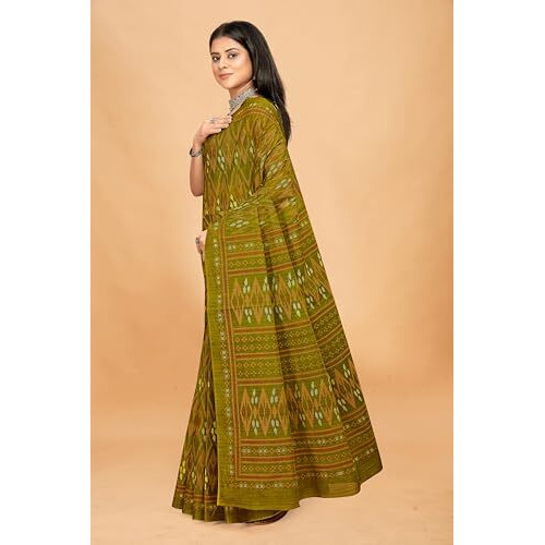 Tamaira Fashion Women's Handloom Ikkat Printed Pure Cotton Mulmul Saree Without Blouse Piece(11541_Mehendi)