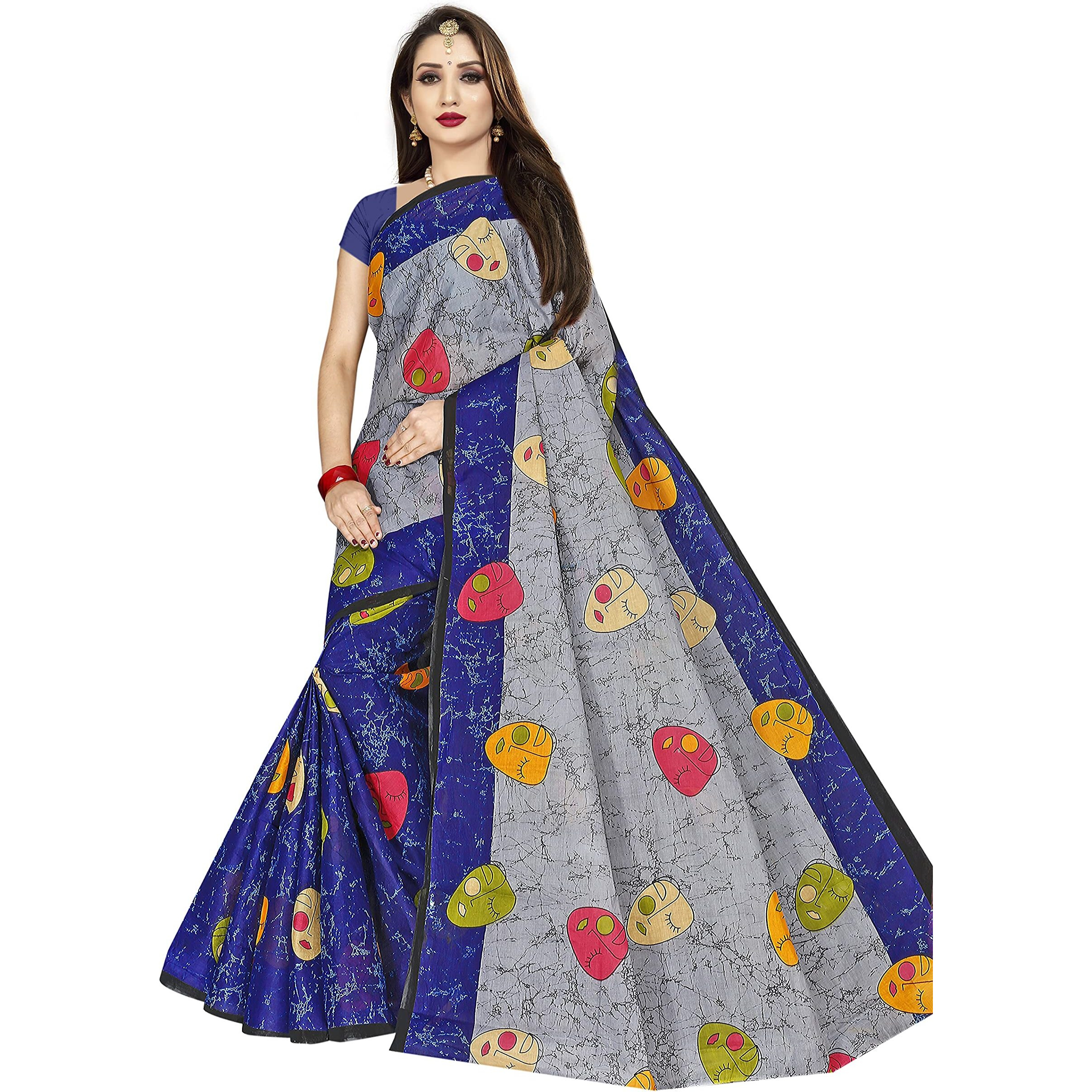 Tamaira Fashion Women's Plain Cotton Saree (1690_Grey And Blue_Grey And Blue)
