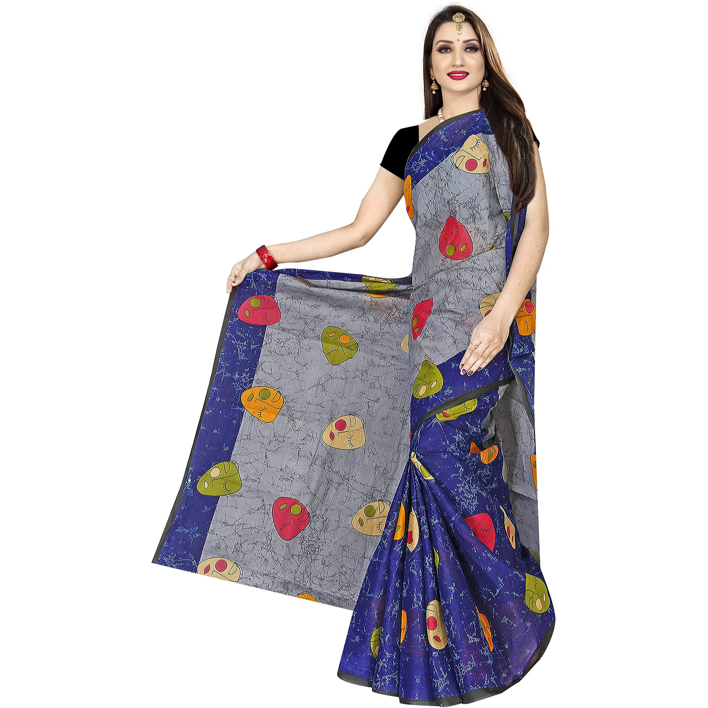 Tamaira Fashion Women's Plain Cotton Saree (1690_Grey And Blue_Grey And Blue)