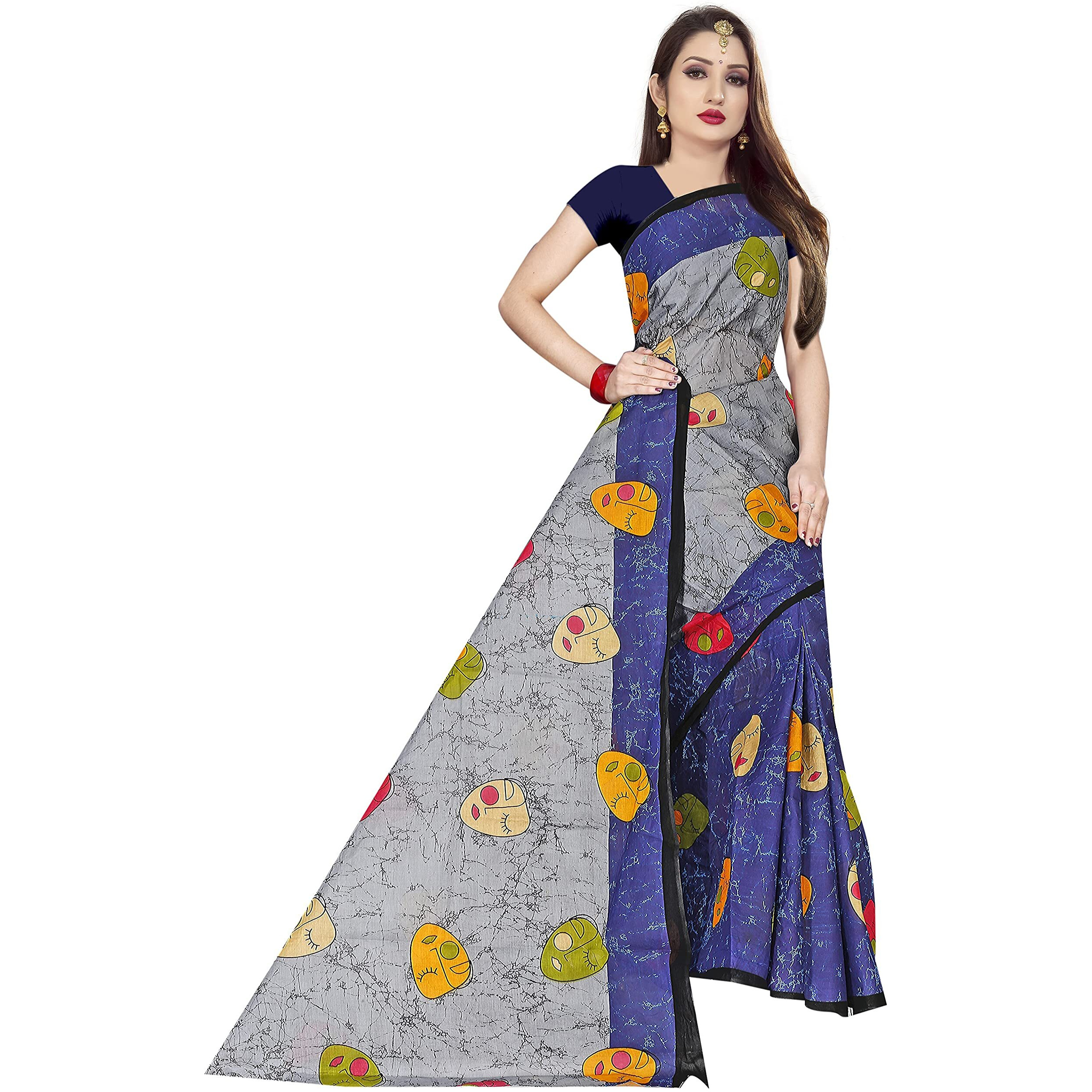 Tamaira Fashion Women's Plain Cotton Saree (1690_Grey And Blue_Grey And Blue)