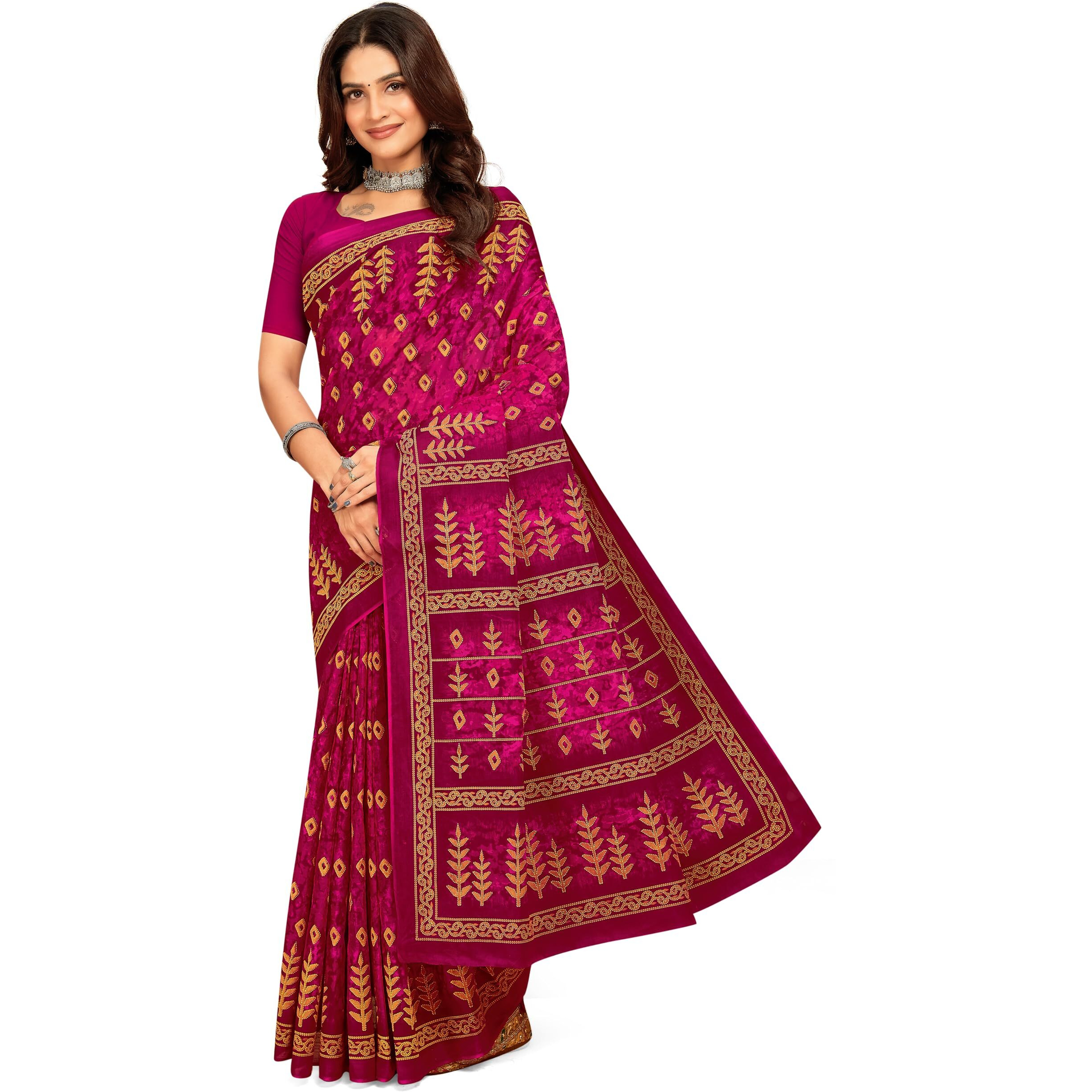 Tamaira Fashion Women's Jaipuri Hand Block Printed Pure Cotton Mulmul Saree Without Blouse Piece(11615_Magenta)