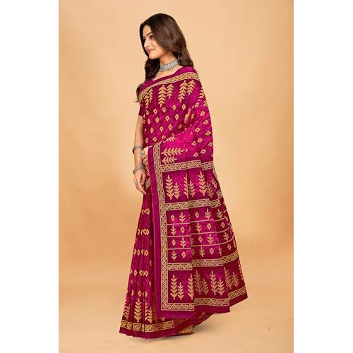 Tamaira Fashion Women's Jaipuri Hand Block Printed Pure Cotton Mulmul Saree Without Blouse Piece(11615_Magenta)