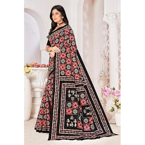 Tamaira Fashion Women's Warli Batik Printed Pure Cotton Mulmul Saree Without Blouse Piece(2486_Red&Black)