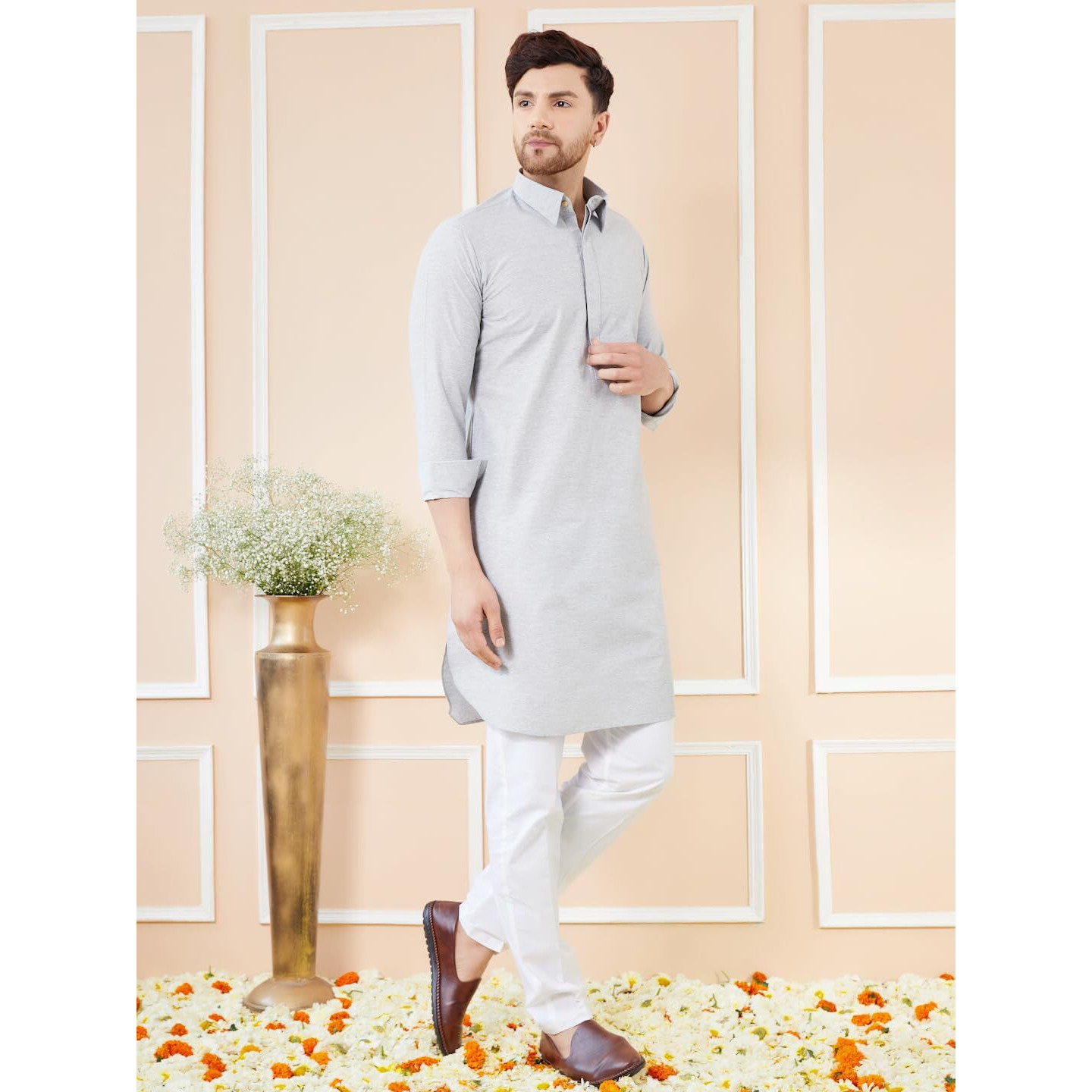See Designs Men Grey Cotton Solid Curved Hemline Full Sleeve Side Slit Pathani Kurta - Bnrskt616L