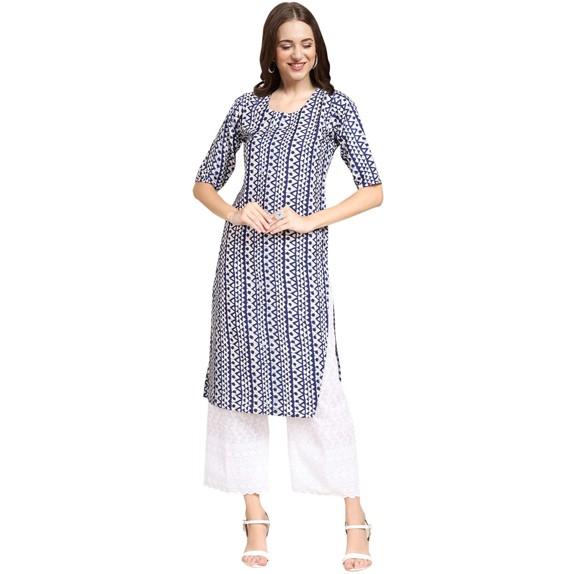 Pinkmint Women's Crepe Blue Color Ethnic Motif Printed Straight Kurti (530348-S)