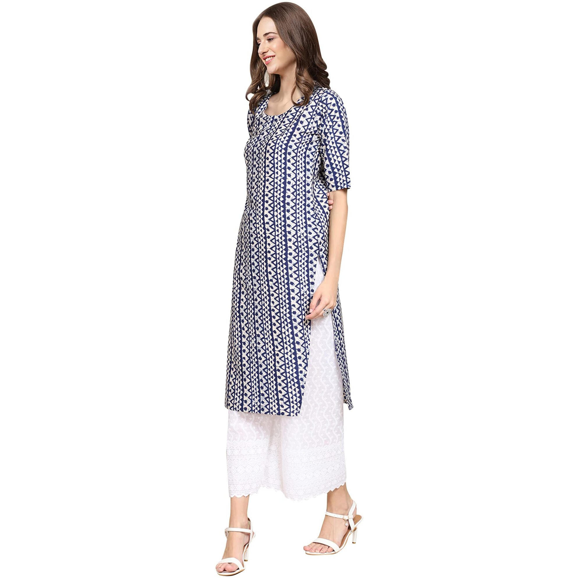 Pinkmint Women's Crepe Blue Color Ethnic Motif Printed Straight Kurti (530348-S)