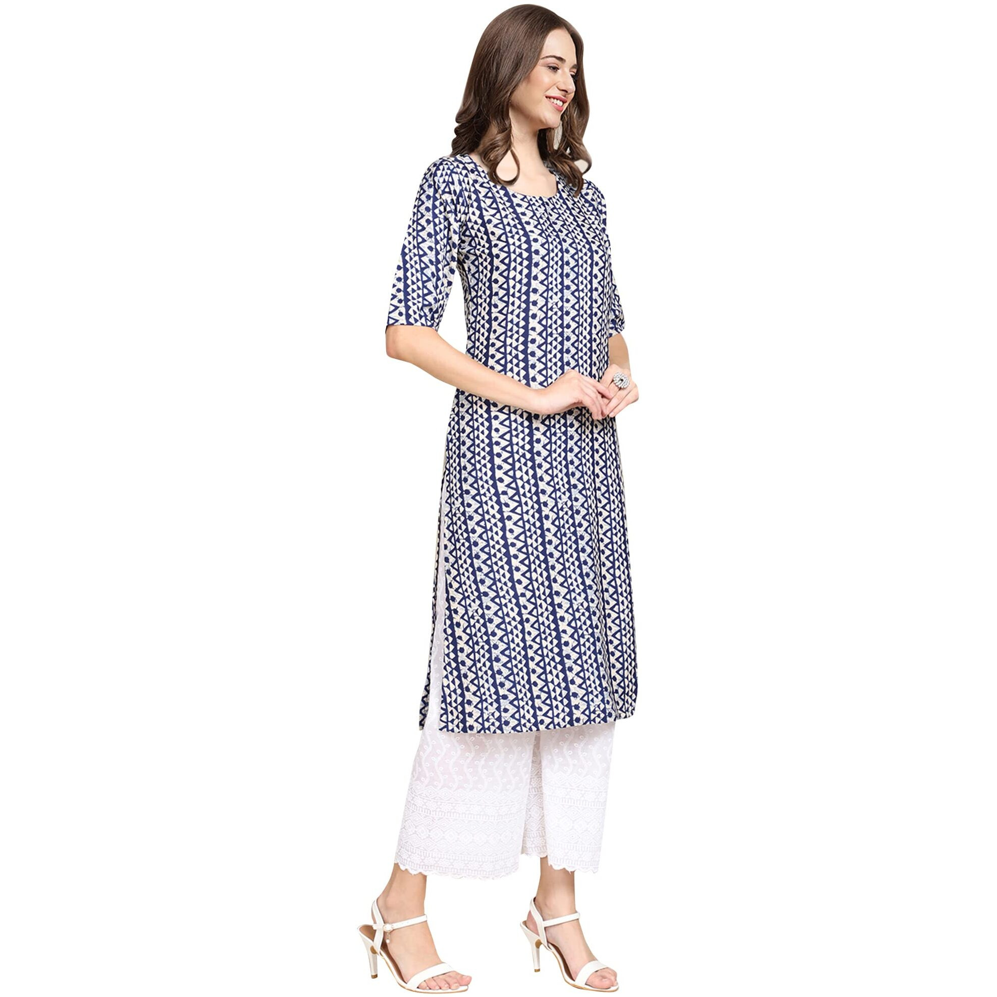 Pinkmint Women's Crepe Blue Color Ethnic Motif Printed Straight Kurti (530348-S)
