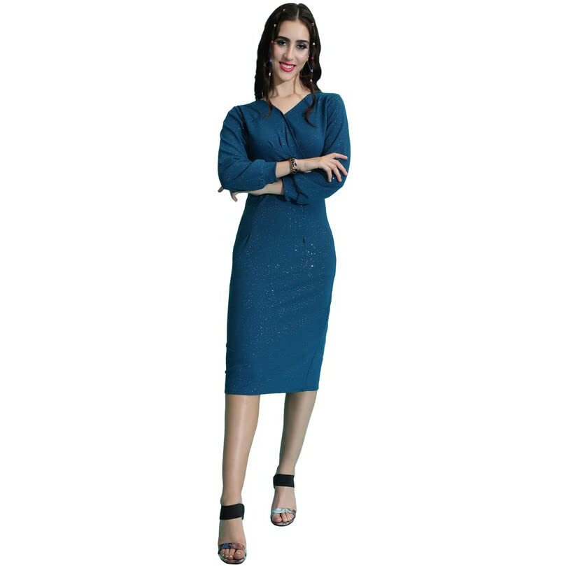 Selvia Women's Knitted & Zari Emblished Cuff Sleeve Lycra V-Neck Bodycon(489Tk10704N-Xl_Teal2)