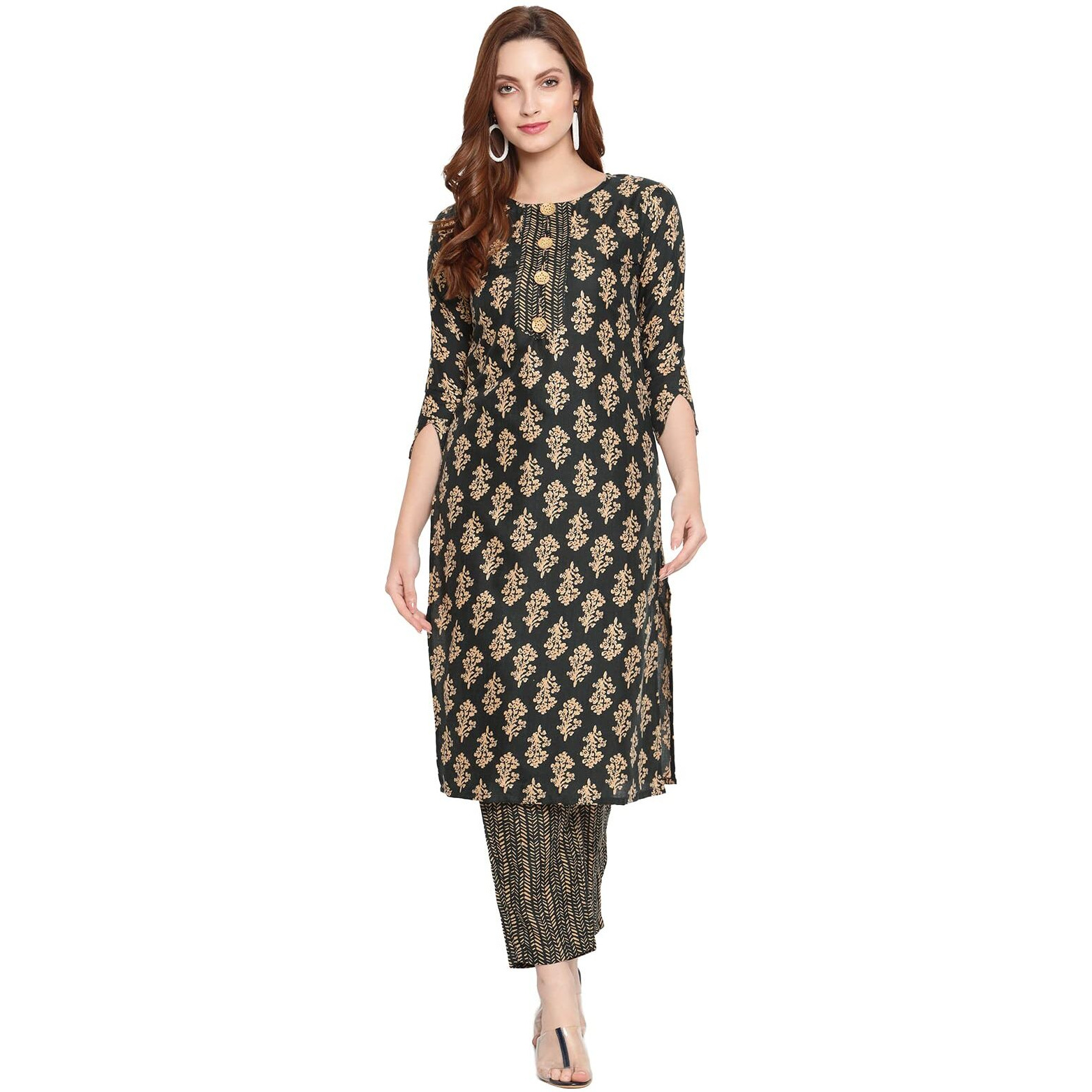 Shasmi Women's Bottle Green Cotton Straight Kurta With Checkered Trouser (Kurta 26 Bottle Green L)