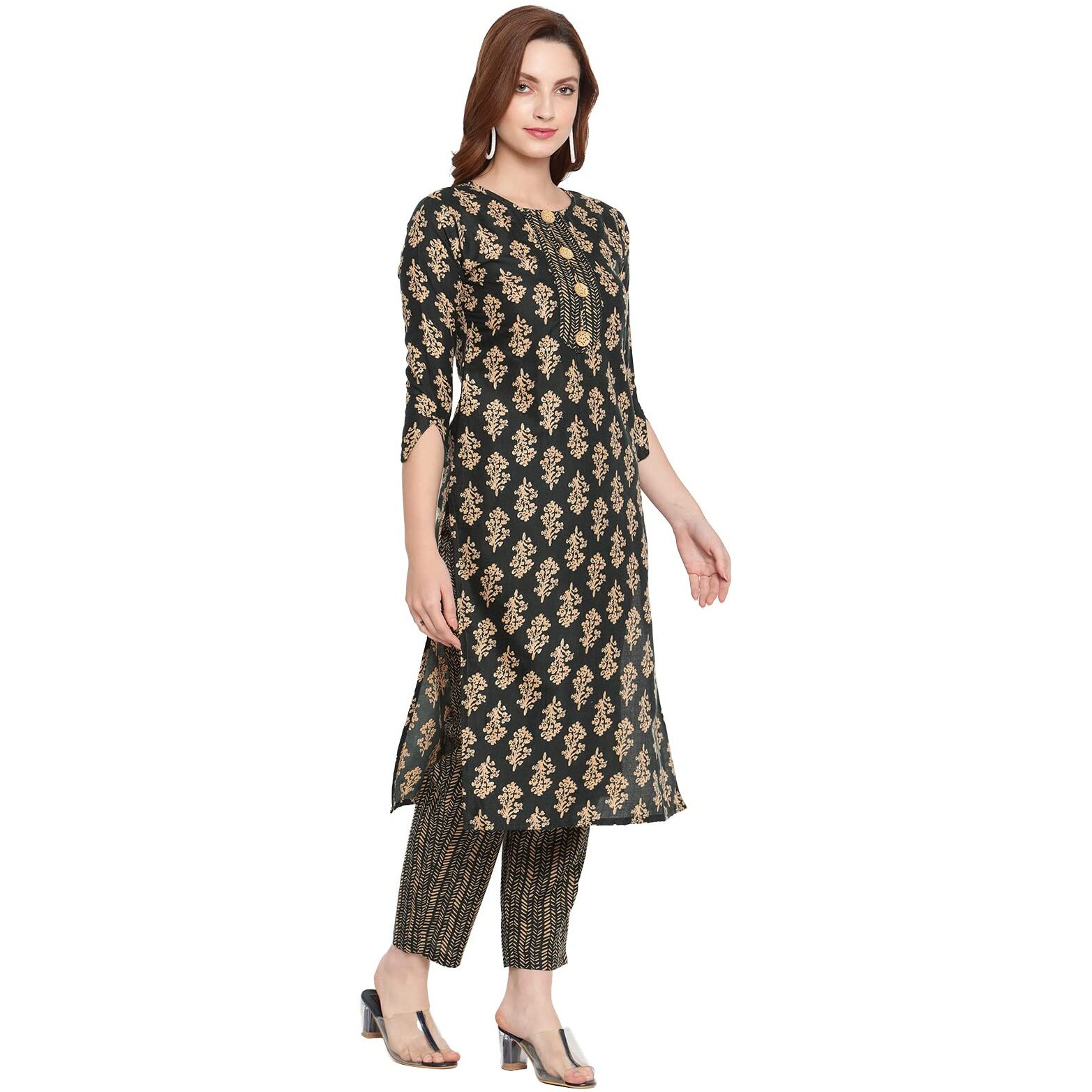 Shasmi Women's Bottle Green Cotton Straight Kurta With Checkered Trouser (Kurta 26 Bottle Green L)