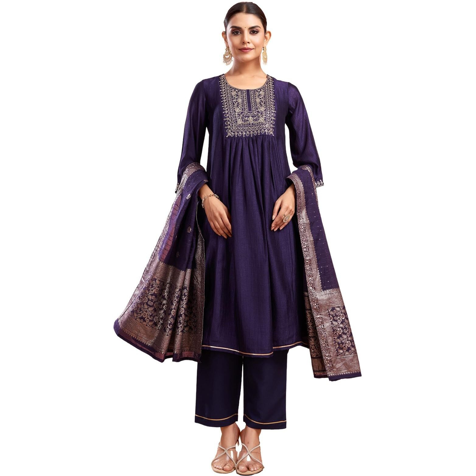 Sanisa Women's Silk Blend Sequins Embroidery Anarkali Kurta With Pant And Dupatta Set (189Kbd2015N-Xl_Dark Purple)