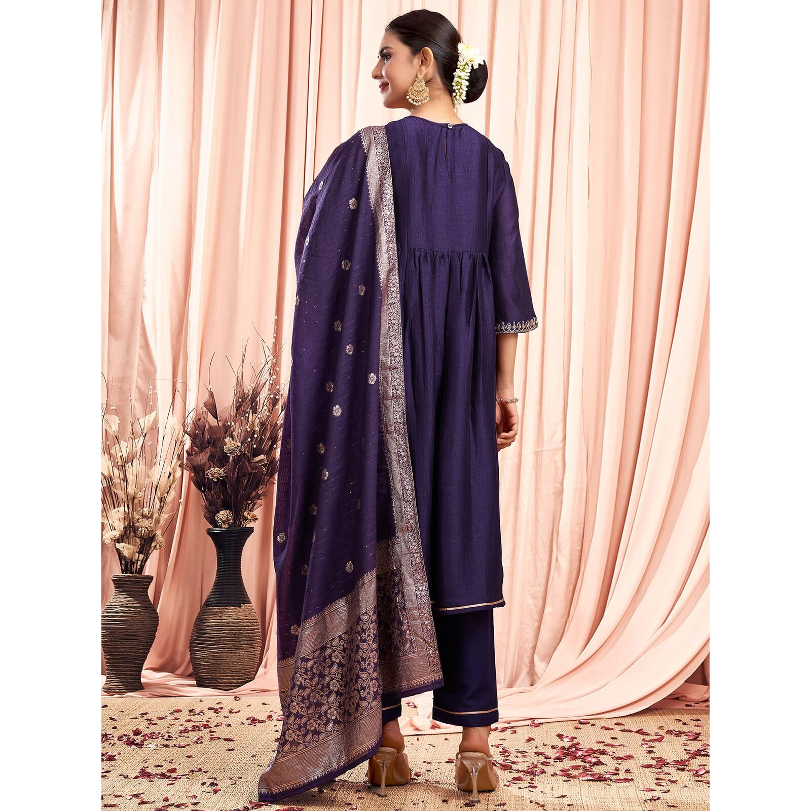 Sanisa Women's Silk Blend Sequins Embroidery Anarkali Kurta With Pant And Dupatta Set (189Kbd2015N-Xl_Dark Purple)