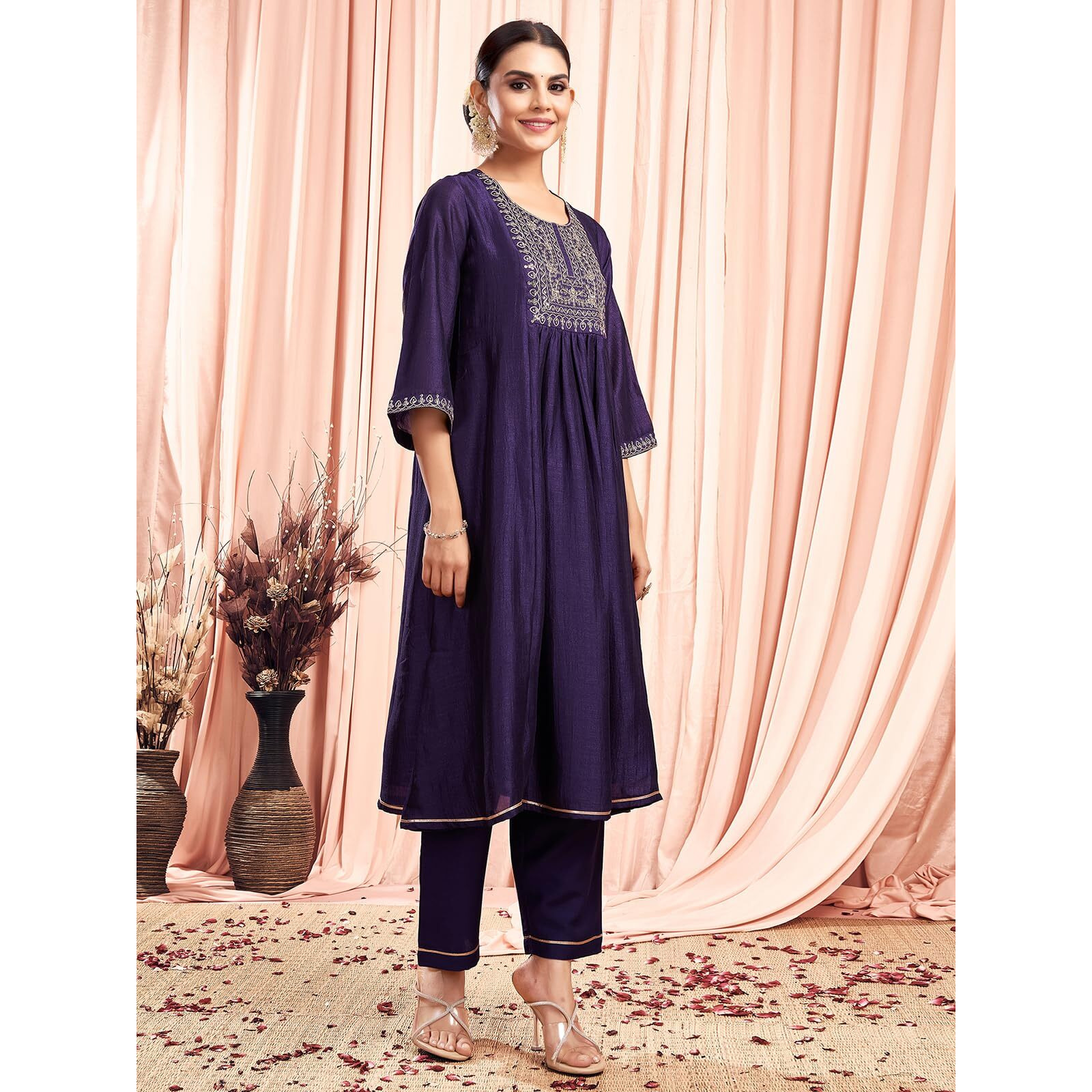 Sanisa Women's Silk Blend Sequins Embroidery Anarkali Kurta With Pant And Dupatta Set (189Kbd2015N-Xl_Dark Purple)