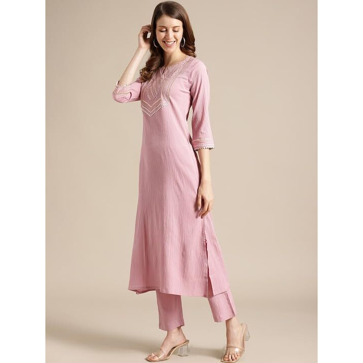Varanga Womens Mauve Straight Kurta With Gota Lace, Round Neckline, Side Slits, Straight Hemline - Casual Wear