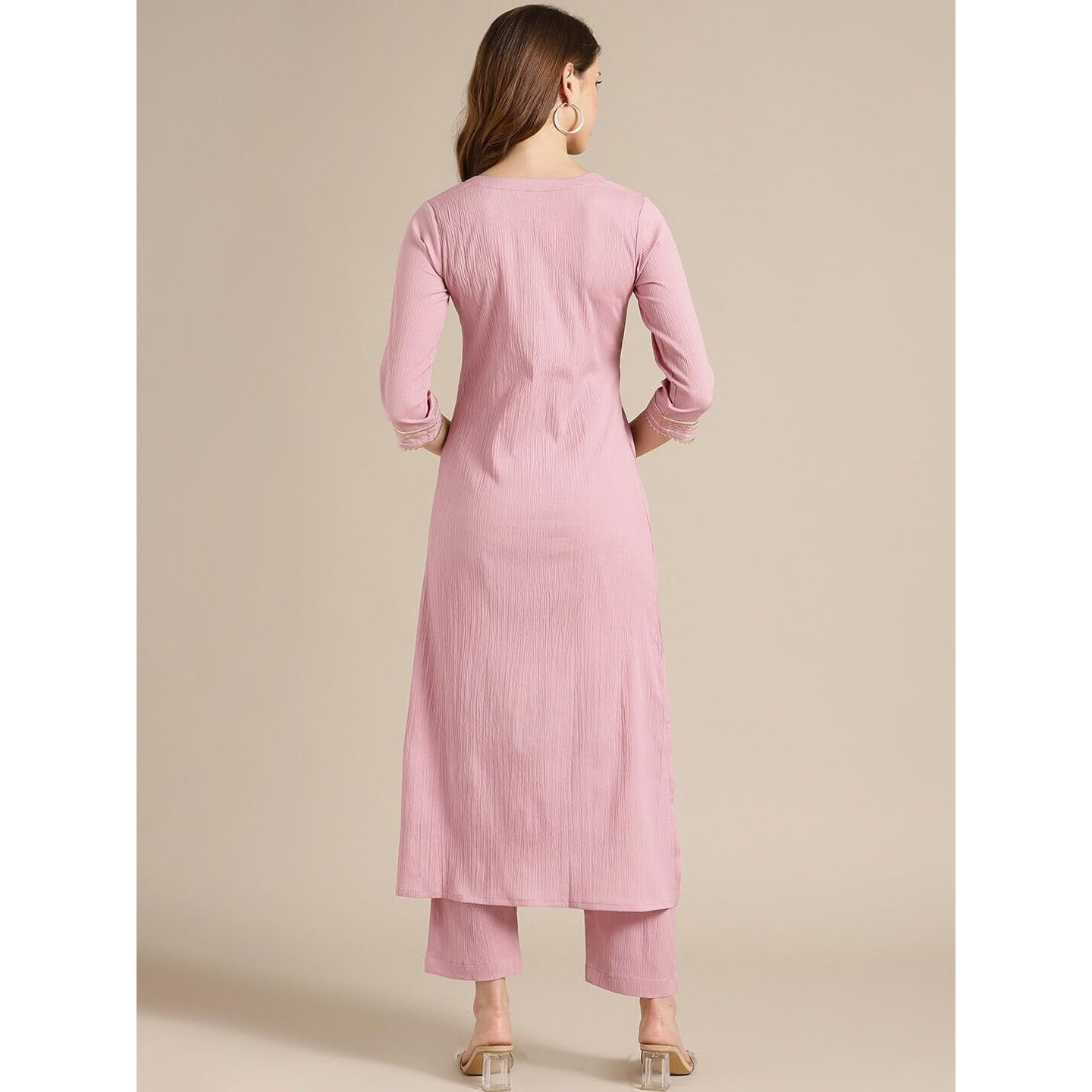 Varanga Womens Mauve Straight Kurta With Gota Lace, Round Neckline, Side Slits, Straight Hemline - Casual Wear
