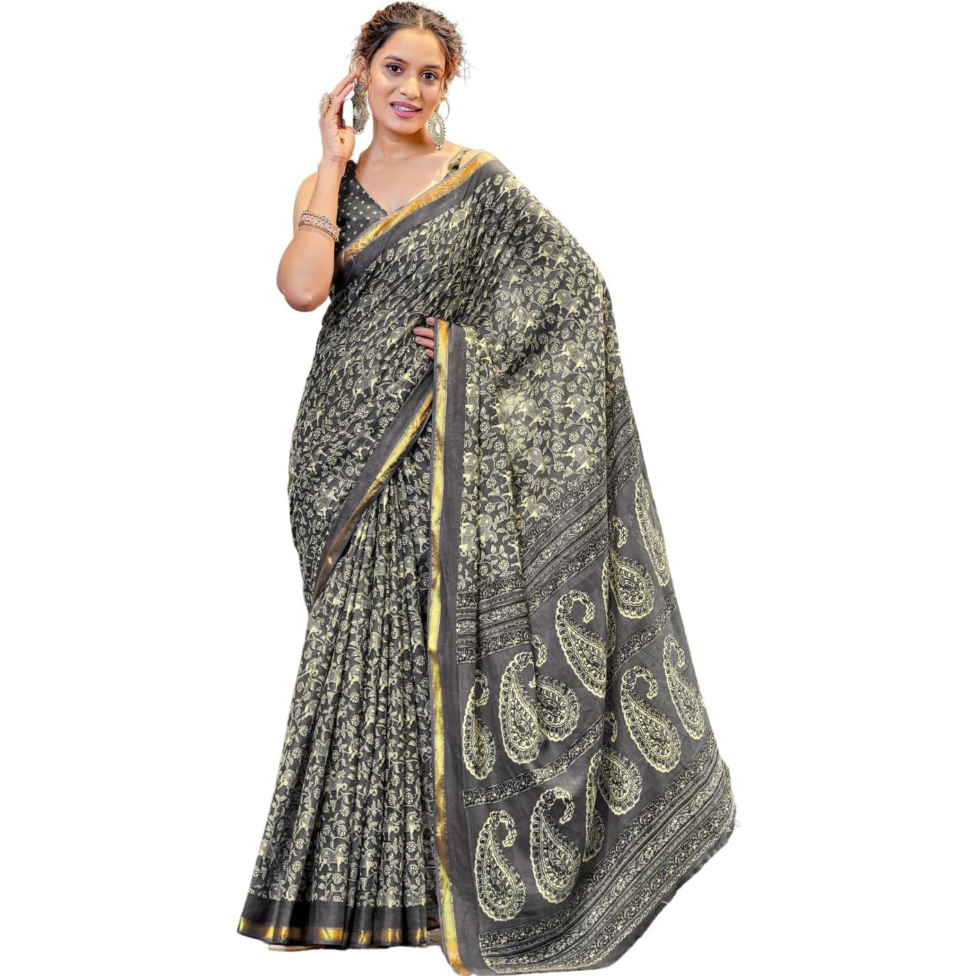 Shiv Textiles Cotton Printed Saree For Women.(Smc-430-Black)
