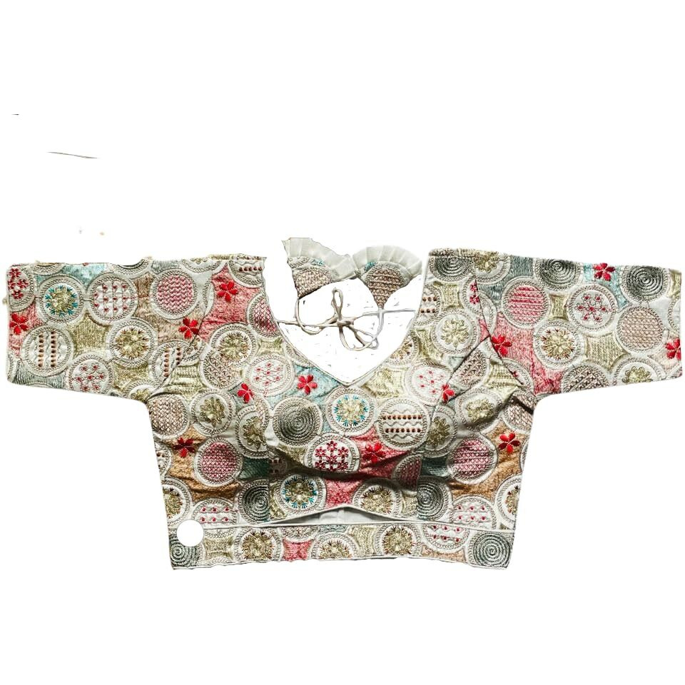 Vihu Fashion Women's Milan Silk Half Sleeve Blouse Embroidery Multi Coding Gold Thread Blouses Handwork White Color Readymade Saree Blouse For Women For Saree And Lehenga Choli (Vf2420 White 34)