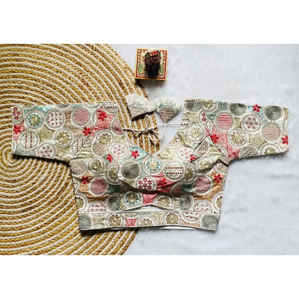 Vihu Fashion Women's Milan Silk Half Sleeve Blouse Embroidery Multi Coding Gold Thread Blouses Handwork White Color Readymade Saree Blouse For Women For Saree And Lehenga Choli (Vf2420 White 34)