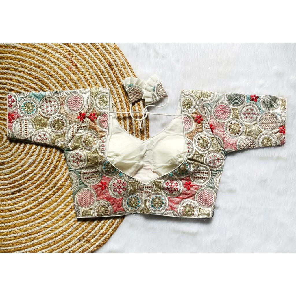 Vihu Fashion Women's Milan Silk Half Sleeve Blouse Embroidery Multi Coding Gold Thread Blouses Handwork White Color Readymade Saree Blouse For Women For Saree And Lehenga Choli (Vf2420 White 34)