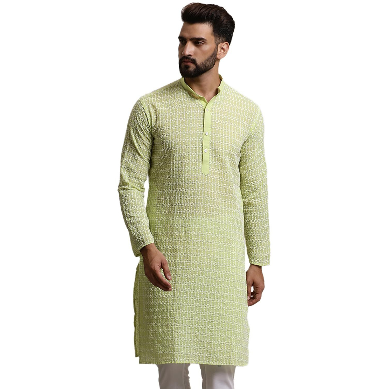Sojanya (Since 1958 Men's Pure Cotton Green Long Kurta With White Embroidery