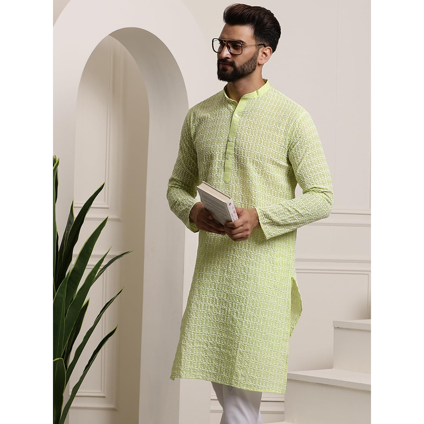 Sojanya (Since 1958 Men's Pure Cotton Green Long Kurta With White Embroidery