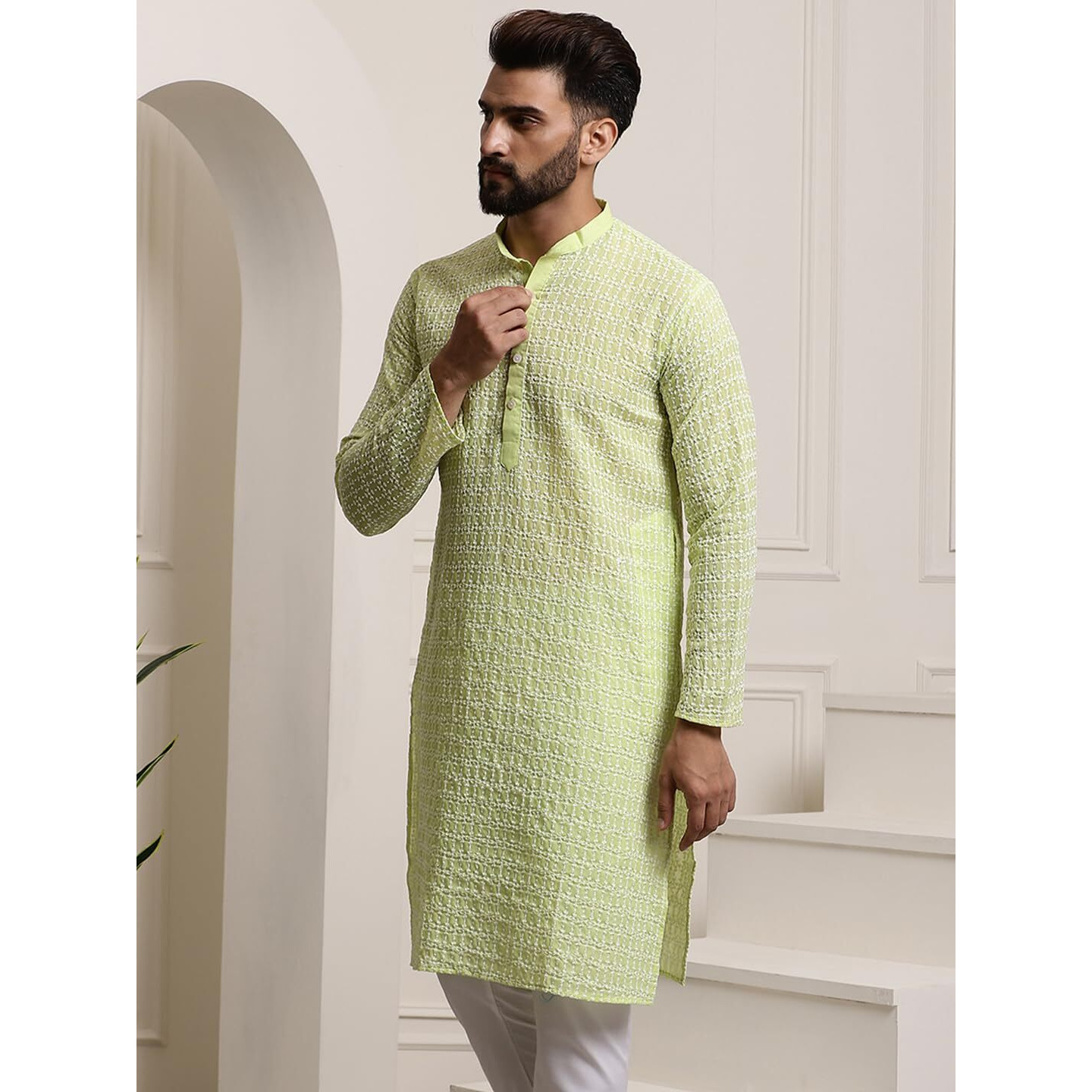 Sojanya (Since 1958 Men's Pure Cotton Green Long Kurta With White Embroidery