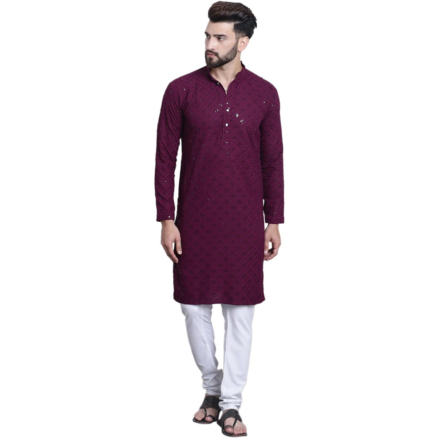 Sojanya (Since 1958 Men's Pure Cotton Purple Sequence Kurta & White Pyjama Set