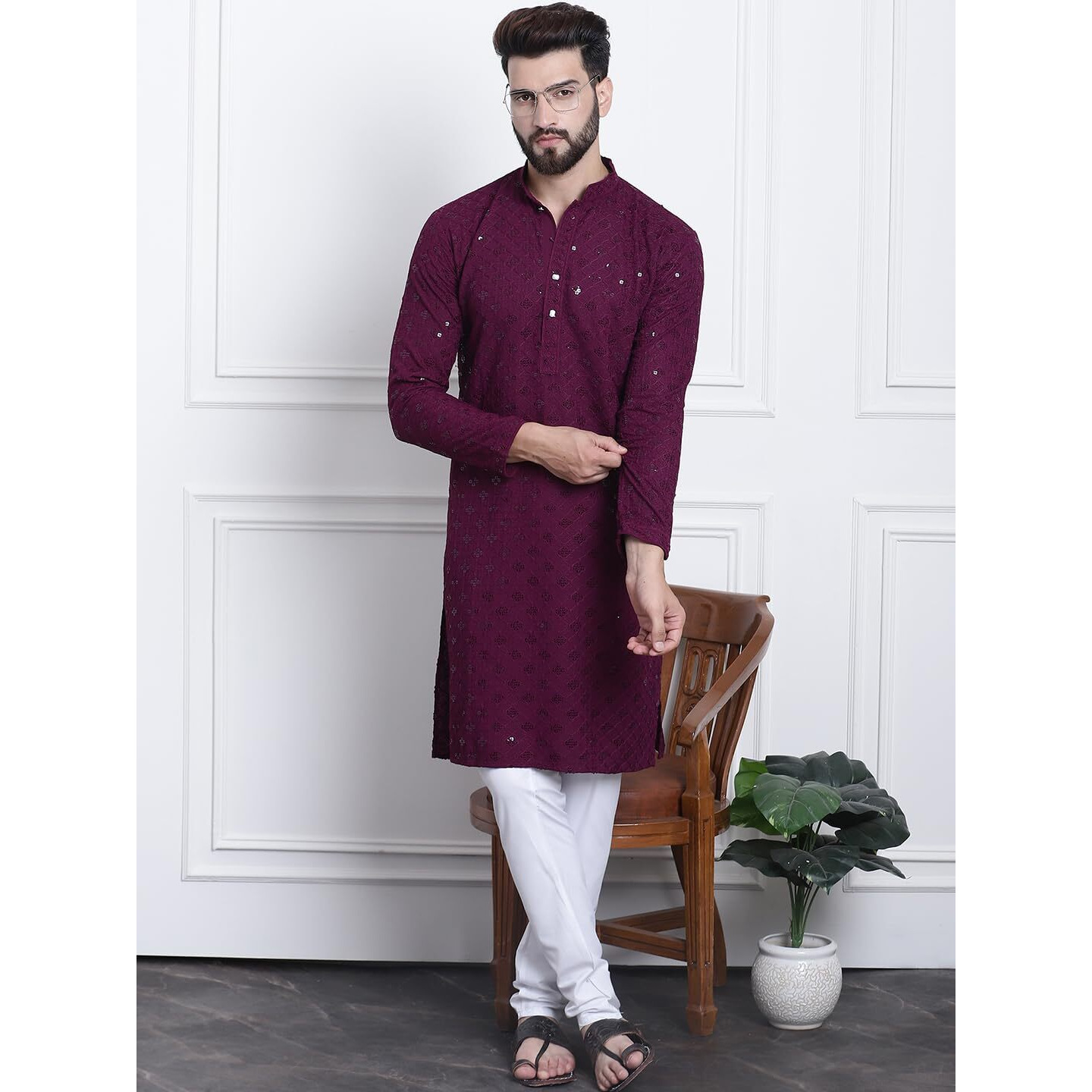 Sojanya (Since 1958 Men's Pure Cotton Purple Sequence Kurta & White Pyjama Set