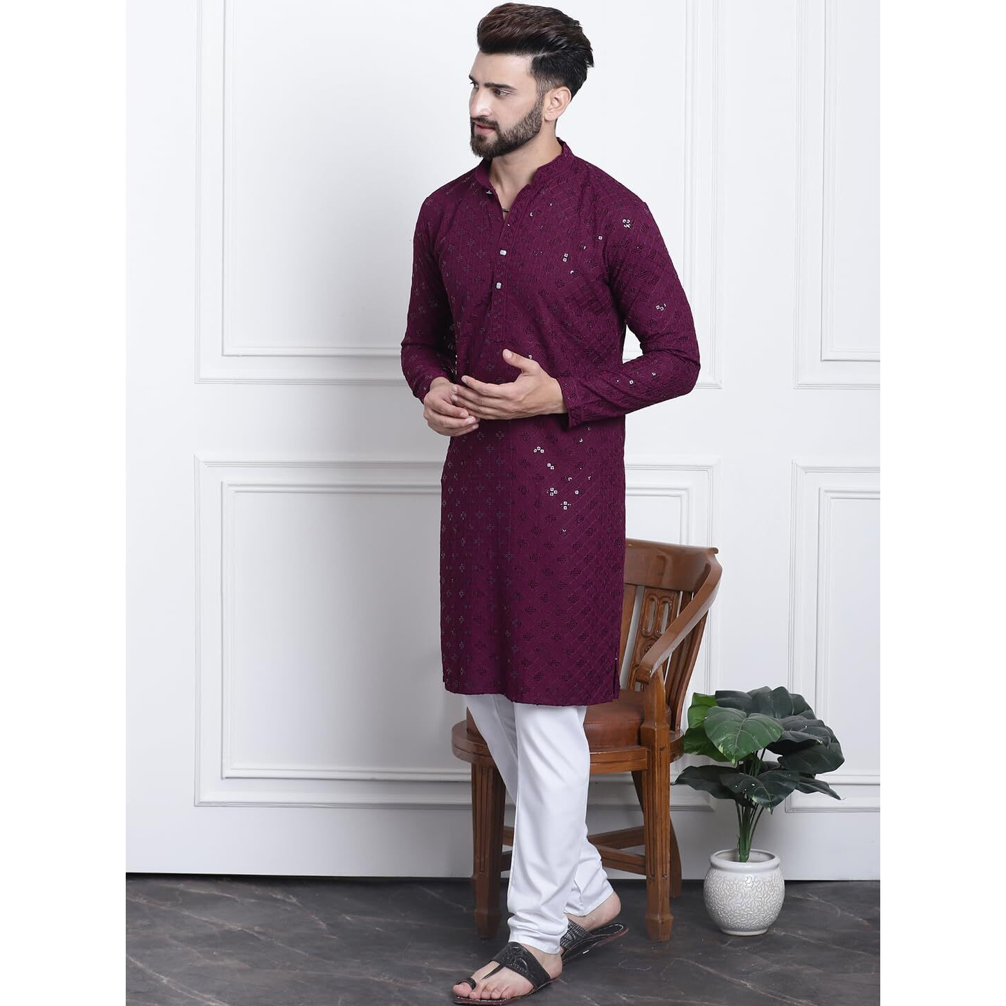 Sojanya (Since 1958 Men's Pure Cotton Purple Sequence Kurta & White Pyjama Set