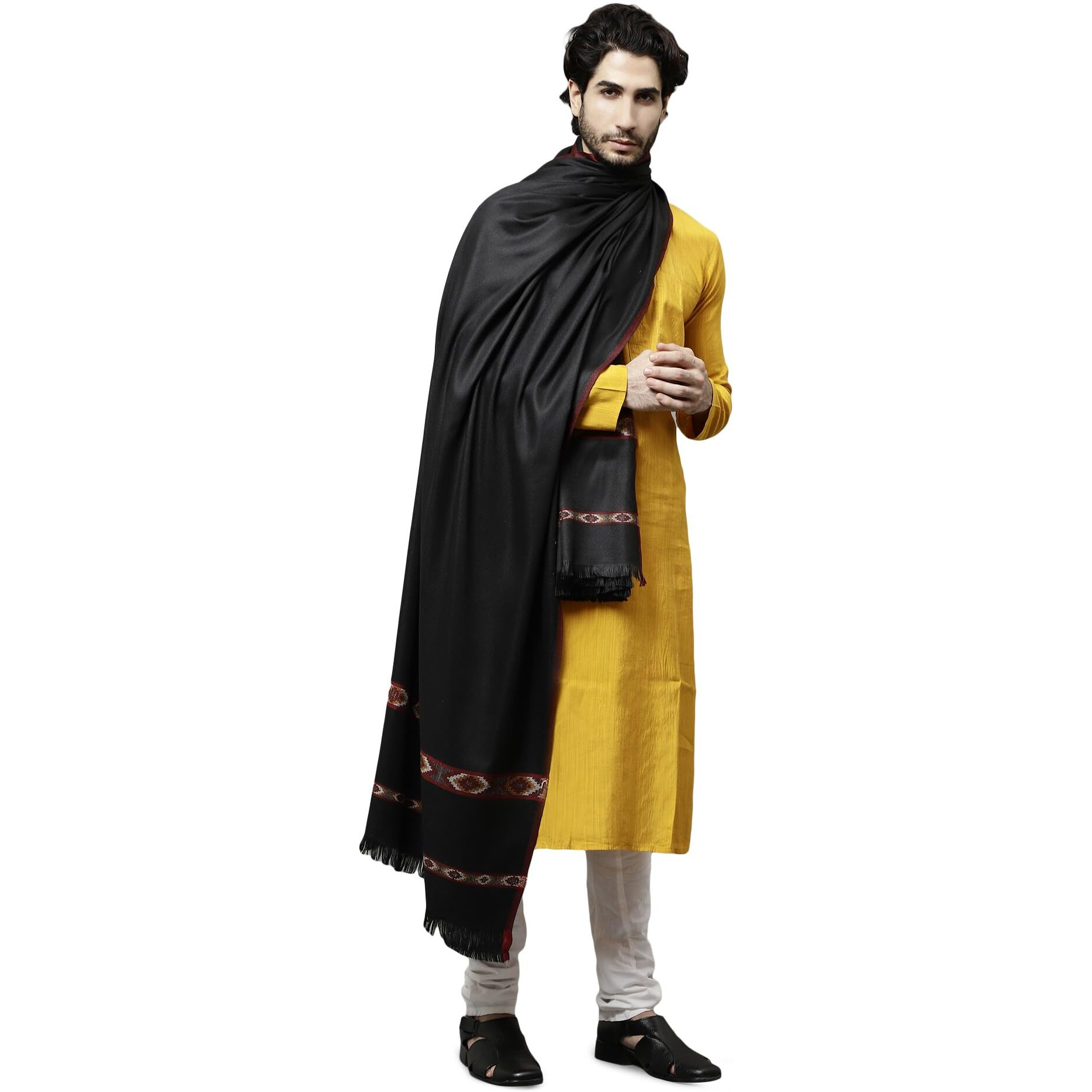 Weavers Villa Men's Kullu Design Wool Blend Lohi/Shawl [120 Cm X 240 Cm] (Black)