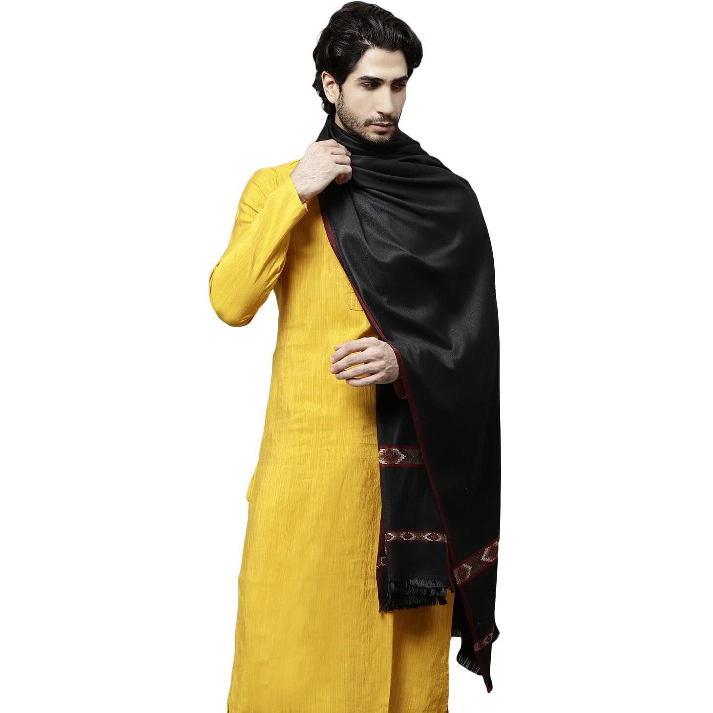 Weavers Villa Men's Kullu Design Wool Blend Lohi/Shawl [120 Cm X 240 Cm] (Black)