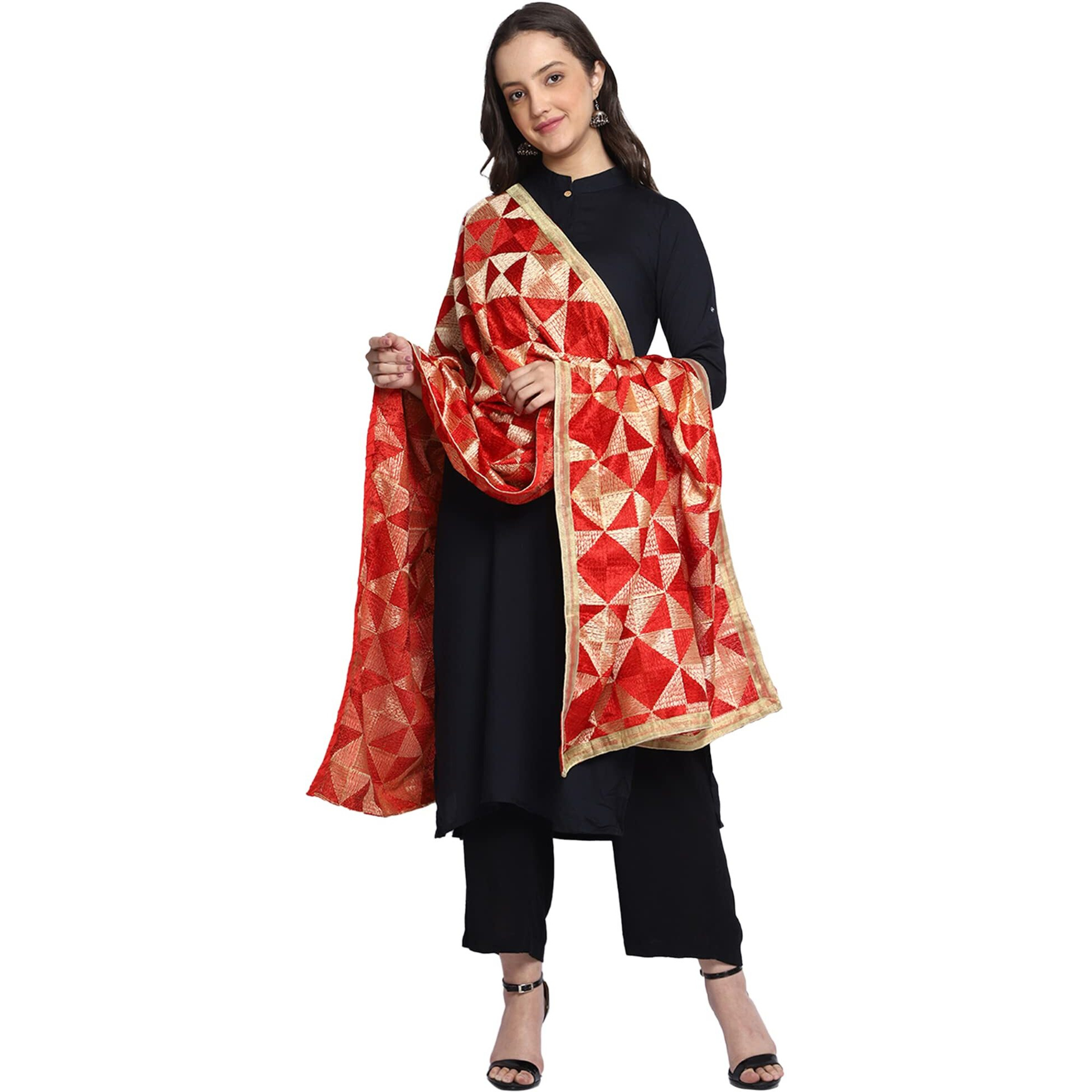 Weavers Villa Women's Polyester Heavy Phulkari Embroided Dupatta, Chunni (Design-4), 2.25 Mtrs