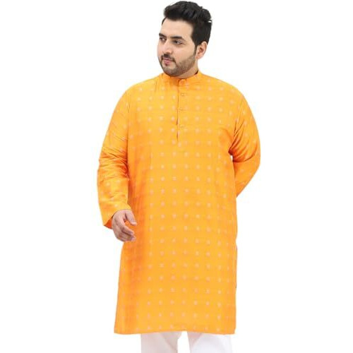 Sojanya Plus (Since 1958) Men's Jacquard Silk Orange & Silver Self Design Only Long Kurta