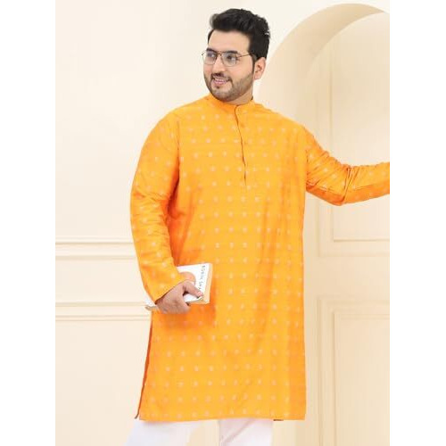 Sojanya Plus (Since 1958) Men's Jacquard Silk Orange & Silver Self Design Only Long Kurta
