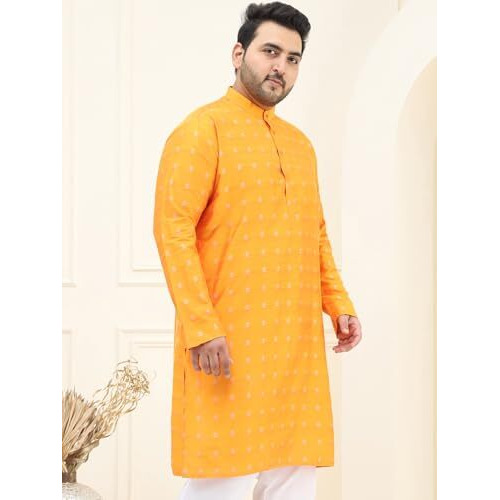 Sojanya Plus (Since 1958) Men's Jacquard Silk Orange & Silver Self Design Only Long Kurta