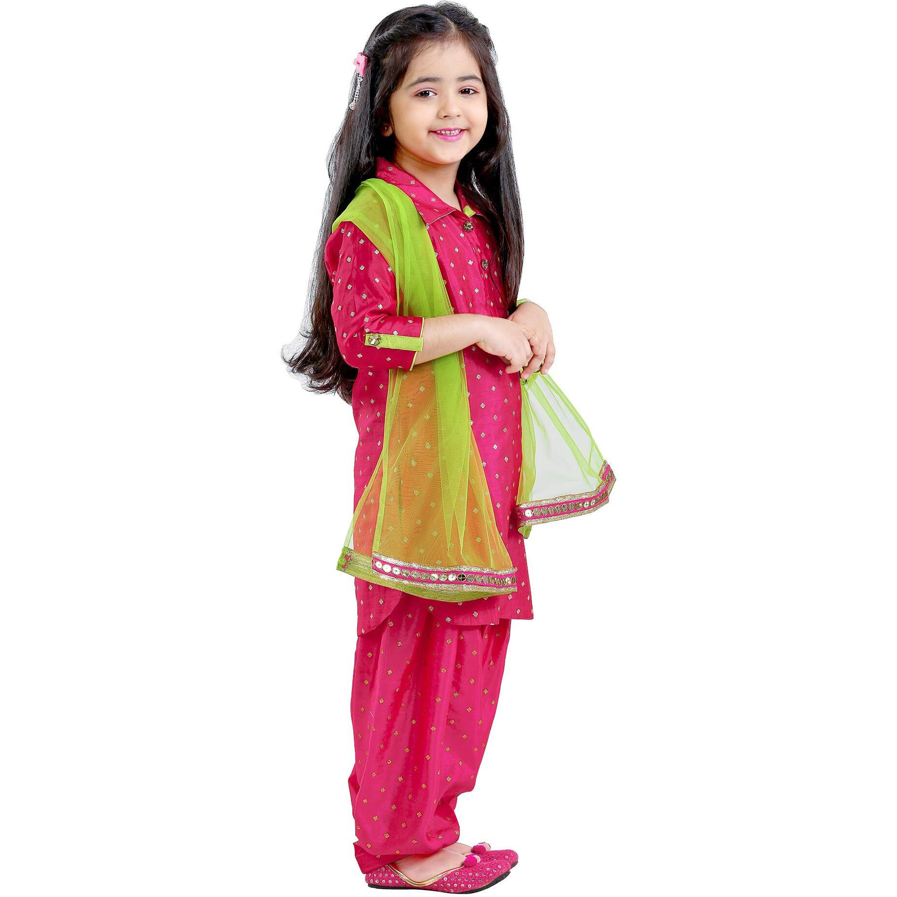 White Button Girl's Silk Blend Patiala Suit (Fuchsia Pink Salwar Suit-5-6 Years-Vc