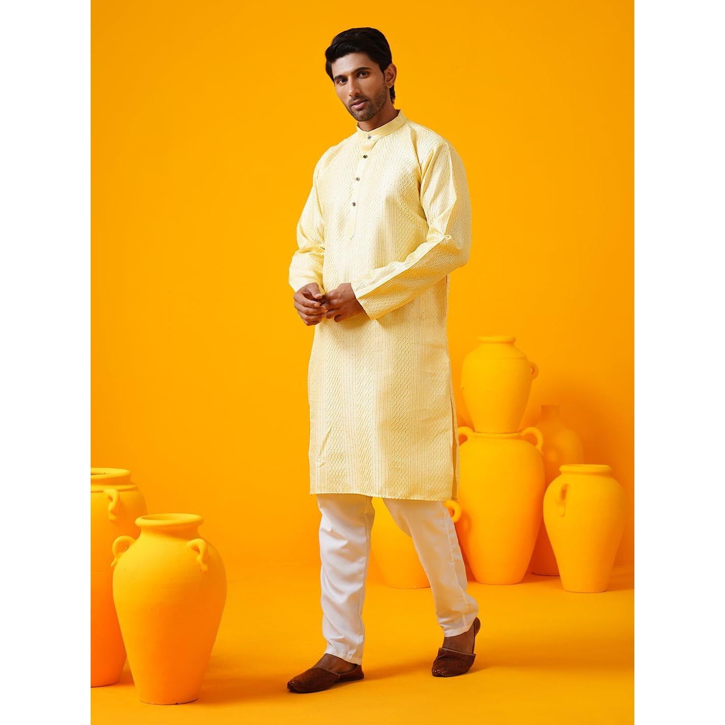 Sojanya (Since 1958 Men's Silk Bend Krochet Thread Embroidered Yellow Kurta With White Pyjama