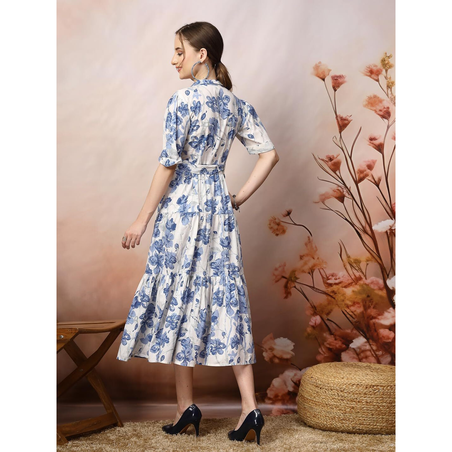 Stylum Women's Floral Printed Cotton Flared Dress (Drsbluekinnu36_Blue, S)