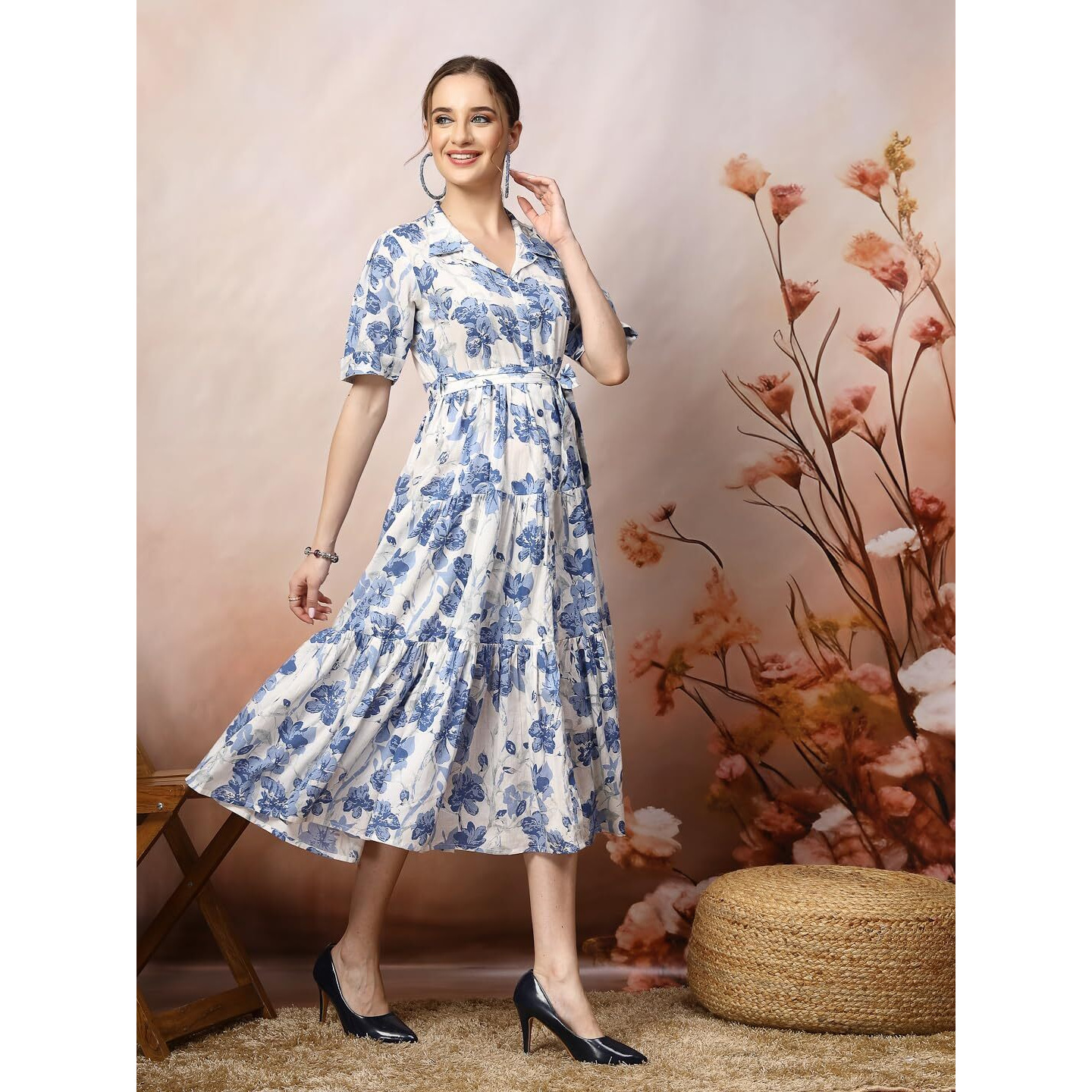 Stylum Women's Floral Printed Cotton Flared Dress (Drsbluekinnu36_Blue, S)