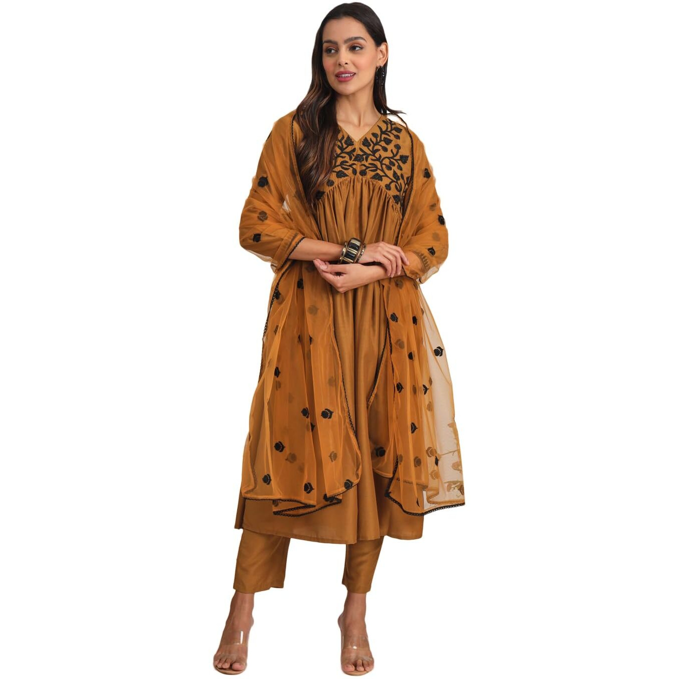 Womanista Women's Poly Silk Kurta Set (Kurtaset_1276_Mustard_44)