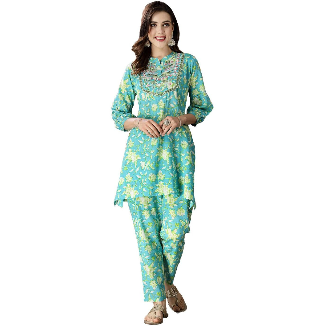 Stylum Women's Printed & Embroidered Cotton Short A-Line Kurti Co-Ord Set (Cscasio44_Turquoise, 2Xl)