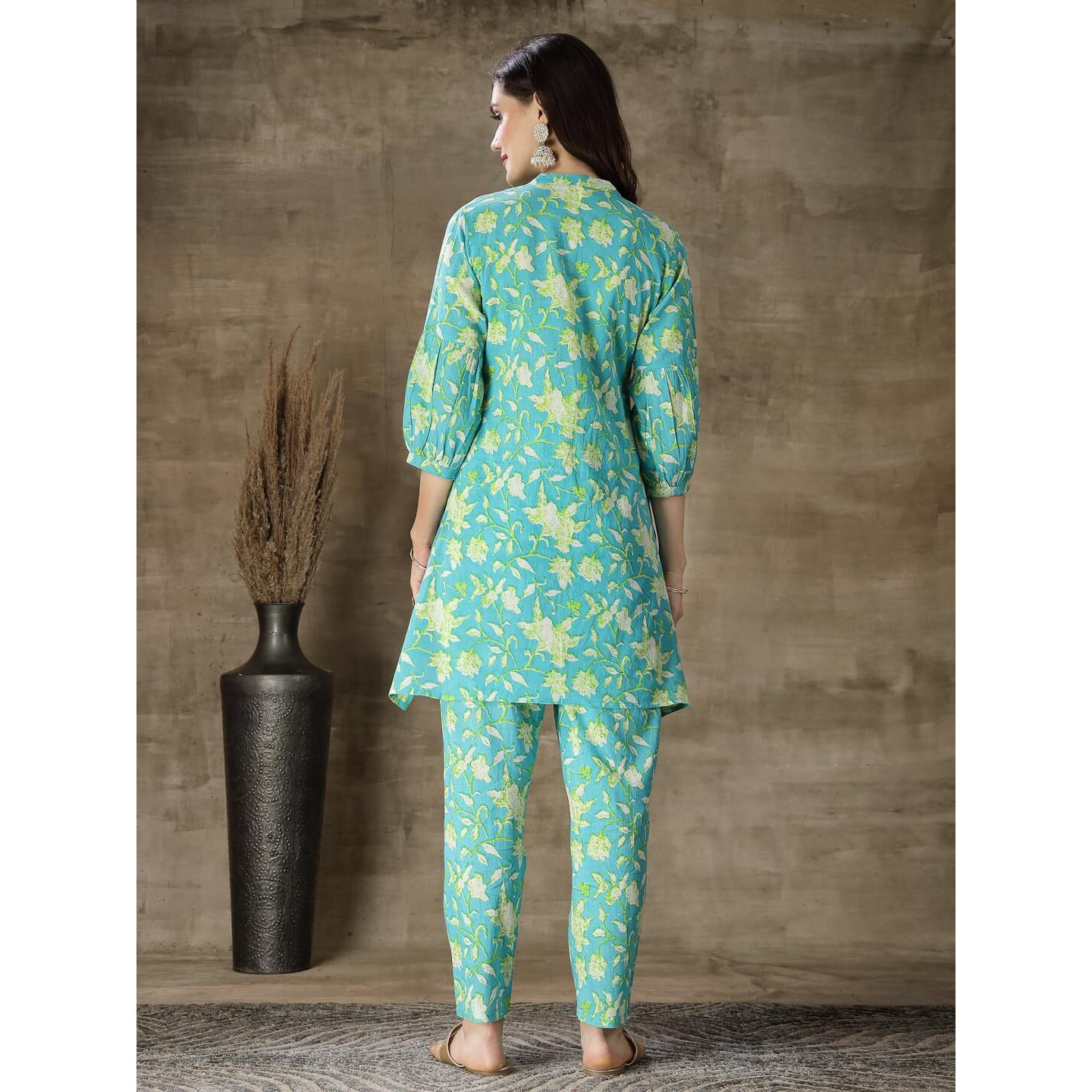 Stylum Women's Printed & Embroidered Cotton Short A-Line Kurti Co-Ord Set (Cscasio44_Turquoise, 2Xl)