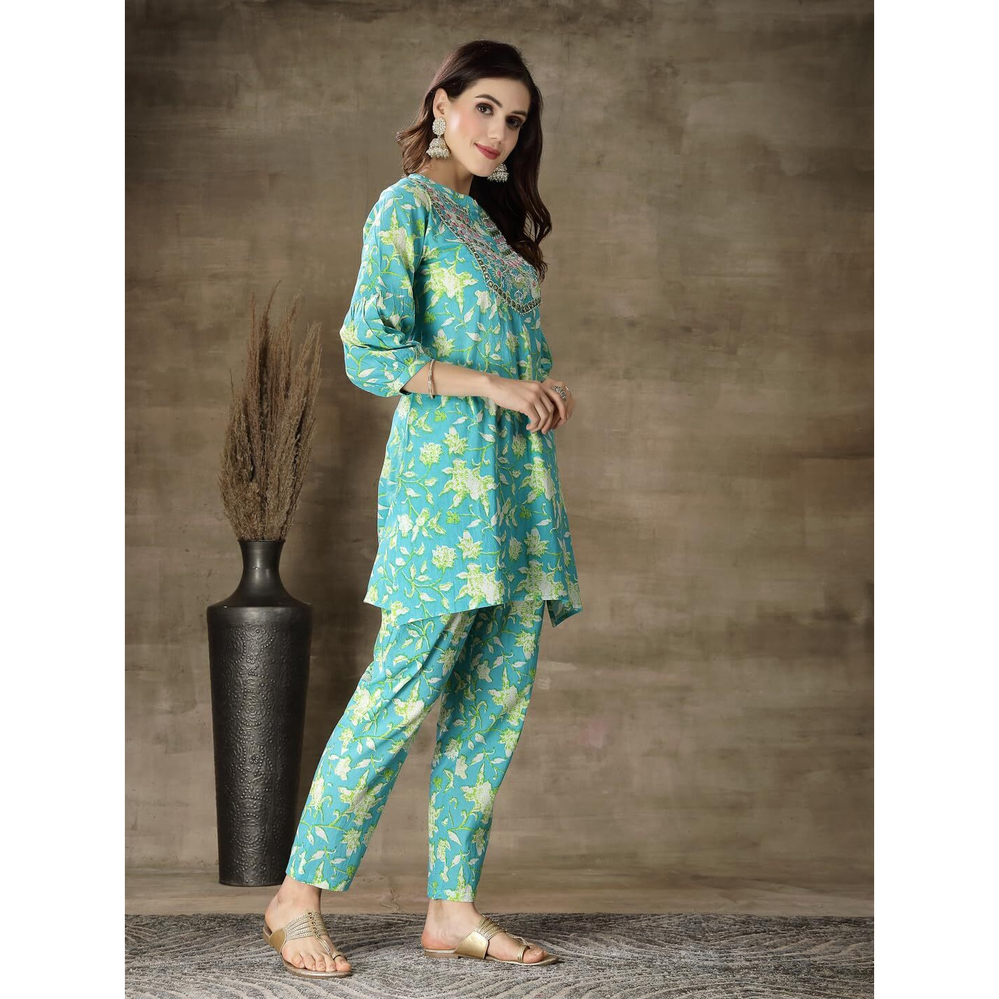 Stylum Women's Printed & Embroidered Cotton Short A-Line Kurti Co-Ord Set (Cscasio44_Turquoise, 2Xl)