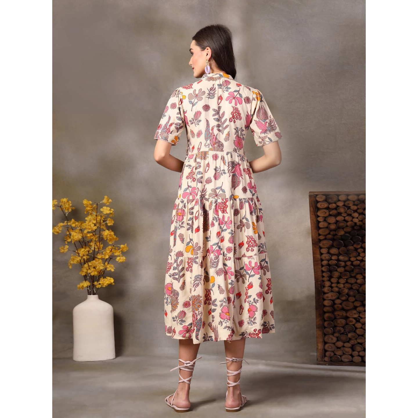 Stylum Women's Tropical Printed Rayon Tiered Dress (Drsbeigesomil42_Beige, Xl)