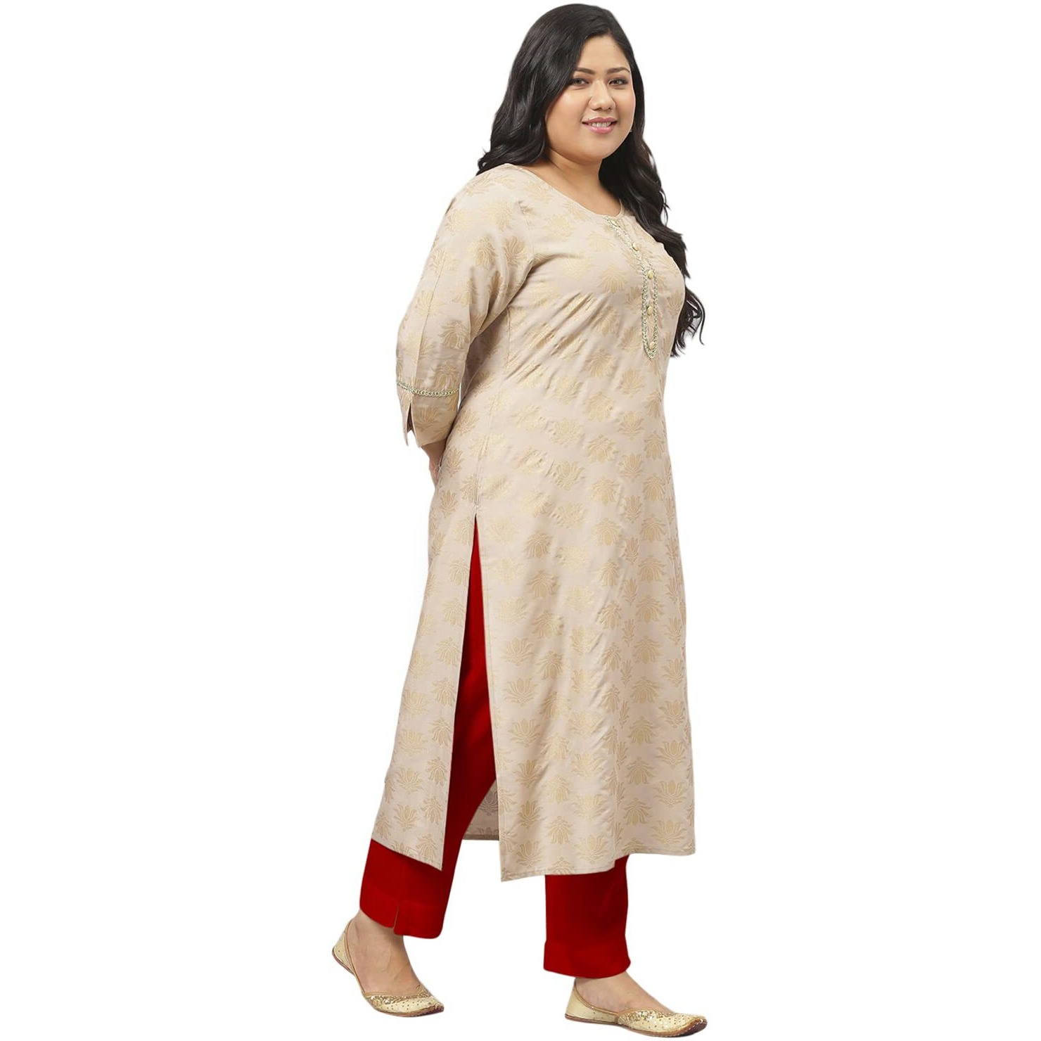 Stylum Women's Plus Size Rayon Gold Printed Straight Kurta (Torubeigekurta50_Beige, 5Xl)